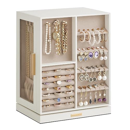 SONGMICS Jewelry Box 360° Rotating, Jewelry Storage Case with 5 Drawers, Jewelry Organizer, Glass Window, Spacious, Vertical Jewelry Storage, Open Design, Christmas Gift, Cloud White UJBC170W01 - Image 1