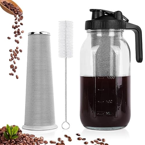 Cold Brew Coffee Maker,64 oz Mason Jar Pitcher with Stainless Steel Filter, Pour Spout Handle Lid, Heavy Duty Glass Airtight & Leak-Proof Pitcher for iced coffee Tea Lemonade - 1pcs 64oz black - Image 1