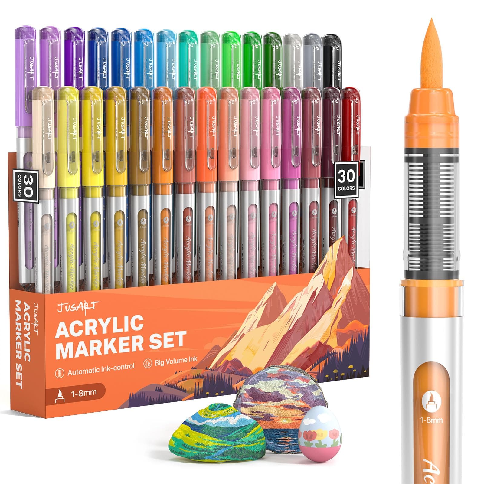 JusArt 30 Colors Acrylic Paint Markers Brush Tip, Water Based Acrylic Markers with Automatic Ink Control System, Waterproof Acrylic Paint Pens for Rock Painting, Wood, Fabric, Egg - Image 1