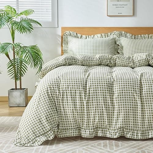 kisswish Gingham Duvet Cover Full Size, 3 Pieces Soft Breathable Microfiber Plaid Comforter Cover with Zipper Closure & 2 Pillow Shams, Ruffle Farmhouse Vintage Decor, Sage Green - Image 1