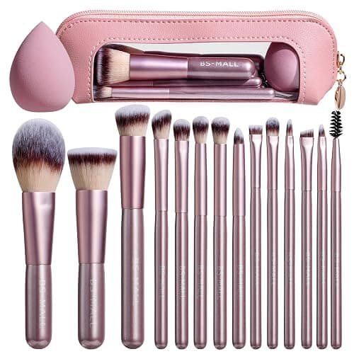 BS-MALL 14 Pcs Makeup Brushes Set with 1 Pcs Makeup Sponge – Essential Foundation Powder Concealers, Eye Shadows, Blush Makeup Brushes with Travel Makeup Case (Matte Gold Pink) - Image 1