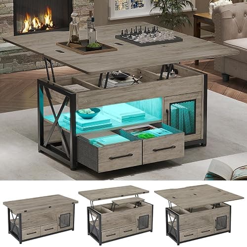 Itaar 40" Lift Top Coffee Table, 4 in 1 Coffee Tables with Storage Cabinet for Living Room, Small Farmhouse Coffee Table with 2 Fabric Drawers & LED Light for Dining Room, Grey - Grey - Image 1