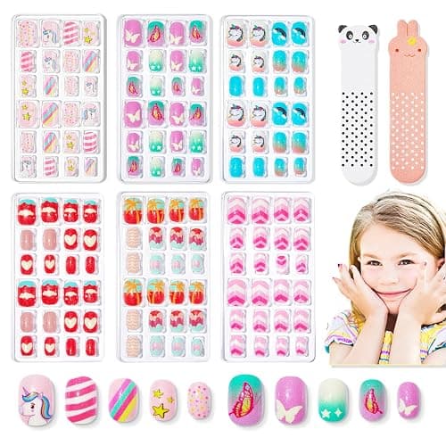 Modelones Press on Nails for Kids 144Pcs 6 Pack Children Acrylic Fake Nails Pre-glue Full Cover Glitter Color Butterfly Unicorn Short False Nail Kits Sets Thanksgiving Christmas Gifts for Girls - Image 1