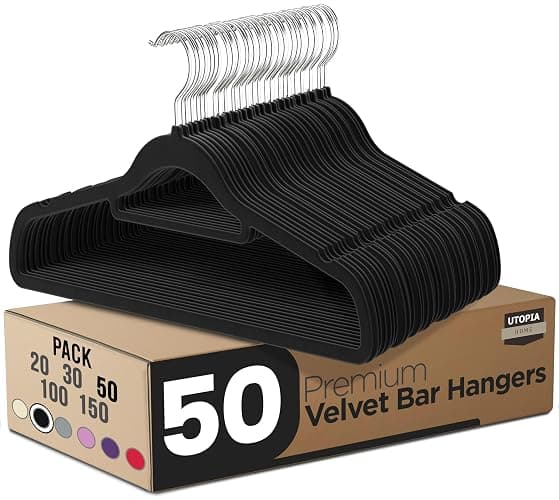 Utopia Home Premium Velvet Hangers 50 Pack – Non-Slip Slim Clothes Hangers with Tie Bar & 360° Swivel Hook, Space-Saving Felt Hangers for Shirts, Pants & Dresses (Black) - Image 1