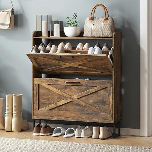 Maupvit Shoe Storage Cabinet with 2 Flip Drawers, Freestanding Shoe Organizer with Metal Legs for Entryway, Narrow Shoe Rack Cabinet, Rustic Brown - Image 1