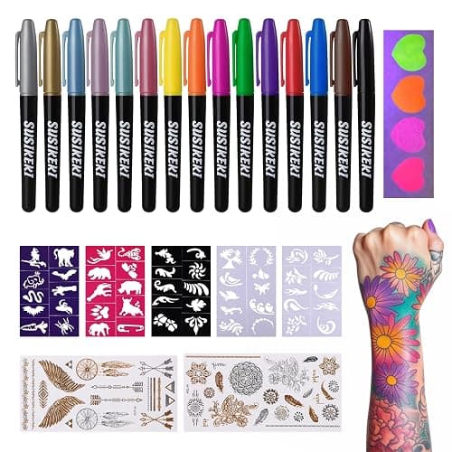 Temporary Tattoo Marker for Skin, 15 Colors Tattoo Pen + 50 Stencils for Painting + 43 Henna Tattoo Sticker, Glitter & Matte & Neon Glow Face Body Paint Markers for Teens and Adult - Image 1