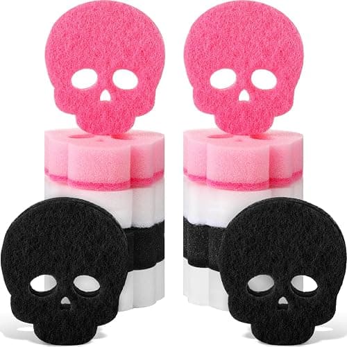 Tioncy 12 Pack Skull Kitchen Sponges Bulk Dual Sided Scrubber Pink Sponges Dishwashing Skull Kitchen Accessories Dish Scouring Black, White - Image 1