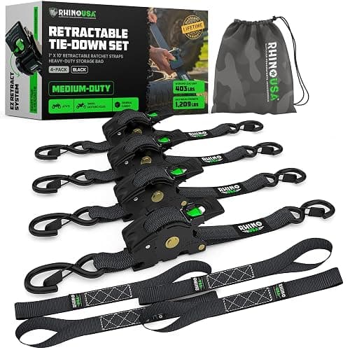 Rhino USA Retractable Ratchet Straps (4-Pack) - 1 Inch x 10 Feet (1,209lb Break Strength) - Auto Self Retracting Tie Down Straps for Truck, Cargo Trailer, Motorcycle, ATV, UTV - Black - Image 1