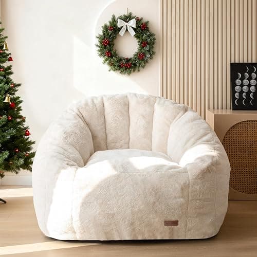 MAXYOYO Giant Bean Bag Chair, Oversized Bean Bag Couch for Adults and Kids, Faux Fur Shell-Shaped Large Chair with Filler, Stuffed Big Accent Sofa Lounge Floor Sofa for Gaming, Reading, Beige - Image 1