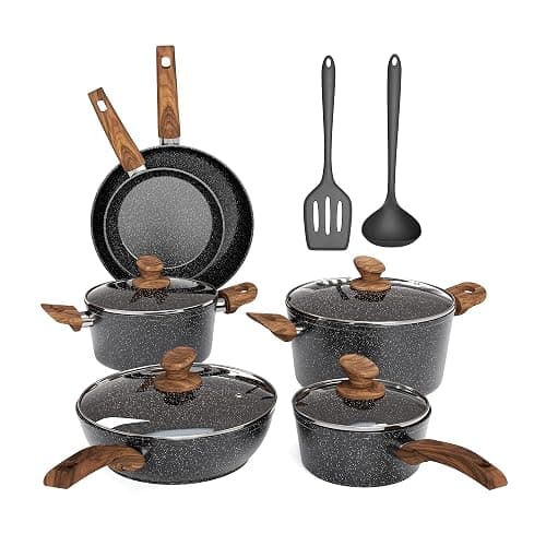 MAISON ARTS Pots and Pans Set Non Stick, 12 Piece Black Granite Kitchen Cookware Induction Compatible, Pot and Pan Sets for Cooking Nonstick - Image 1