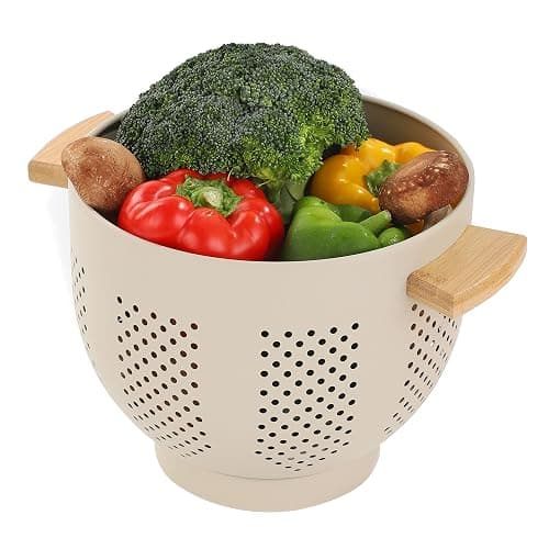 Metal Colander with Wood Handle, 5.5 Quart Powder Coated Steel Large Kitchen Strainer Stable Base,(Sand Yellow, 11.26inch) - Image 1