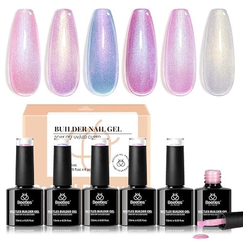 Beetles Builder Gel for Nails,Pearl Shimmer 6 Colors Builder Gel Set for Building Apex & Nail Extension Uv Led White Pink Purple Mermaid Drawing Strengthener for Thin Nails Beauty Gift Sets for Women - Image 1