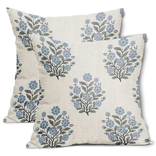 Grandmillennial Pillow Covers 18x18 Inch Set of 2 Blue Floral Block Print Cotton Linen Decorative Throw Pillow Case Grand Millennial Cushion Cover for Bedroom Sofa Living Room Chair Home Decor - Image 1