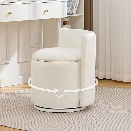 WUTUTUEE Leather Vanity Chair with Storage, 360° Swivel Makeup Chair with Pleated Back, No Assembly Small PU Accent Stool for Bedroom, Dressing Room, Living Room, White - Image 1