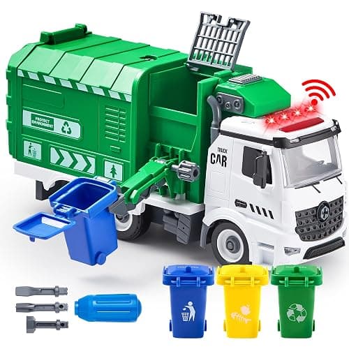 JOYIN Garbage Truck Toy, Boys & Girls Gifts, Kids DIY Assembly Friction Powered Side-Dump Garbage Toy with Light and Sounds, 3 Trash Cans, 3 Replaceable Screwdrivers, Age 1 2 3 4 5 - Image 1