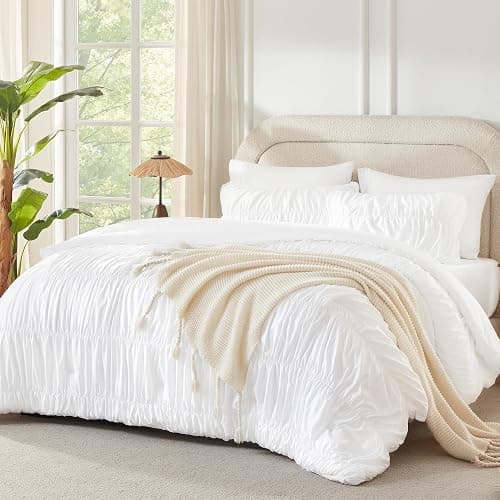 Andency Ruched White Queen Comforter Set, Shabby Chic Pleated Bedding Sets 3 Pieces, Lightweight Soft Boho Ruffle Bed Set for Girls, Kids, Women, All Season - Image 1