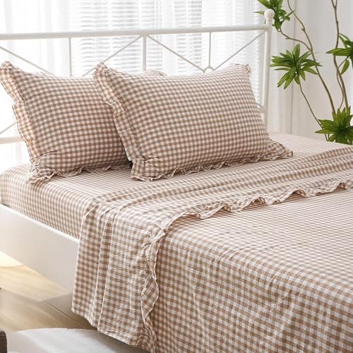 K MASANIJI Taupe White Plaid Ruffle Sheets Queen Size 4-Piece Set, 300TC 100% Yarn Dyed Washed Cotton Checker Sheets 18'' Deep Pocket Farmhouse Gingham Decorative Bedding(Taupe/White Plaid, Queen) - Image 1