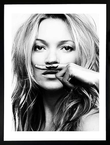 Brookpace Fine Art Kate Moss Moustache Fashion Black and White Framed Wall Art 53 x 43cm | Bedroom Poster Living Room Print Home Decor - Image 1