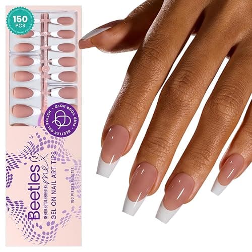 Beetles French Tip Press On Nails - 150Pcs 15 Sizes 4-in-1 Medium Coffin Brown Etch X Pre-Primer & Base Coat, No File Need Easy False Nail Tips for Nail Extension Nail Art Gift for Women & Girls - Medium Coffin Brown Etch X Pre-primer & Base Coat - Image 1