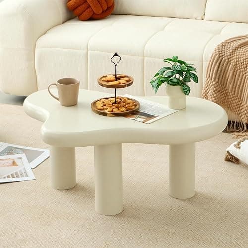 Mordchil HF 34"(L) Cloud Coffee Table, Modern Wood Coffee Table for Living Room, Accent Unique Center Tables with 3 Legs, Small Tea Tables for Balcony, Patio, Bedroom, Cream White - Image 1
