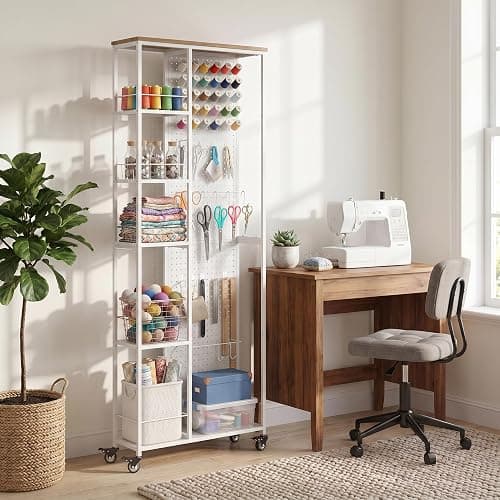 Craft Storage Cart with Dual-Sided Pegboard,5-Tier Shelves Craft Room Storage and Organization,Craft cart Lockable Wheels, Rolling Organizer for Craft Room, Art Supplies,Small Spaces (White, 68.7" H) - Image 1