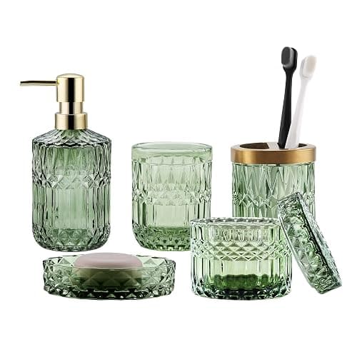 LaMarriti Green Bathroom Accessories Set, 5Pcs Clear Glass Bathroom Set Accessories, Soap Dispenser, Soap Dish, Toothbrush Holder Set, Tumbler, Qtips Holder for Vintage Crystal Bath Decor - Image 1