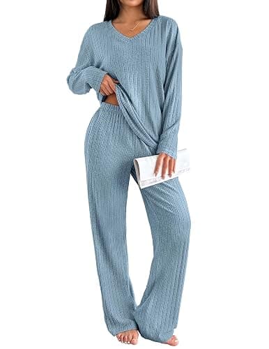 Ekouaer Lounge Sets for Women Long Sleeve Knit Ribbed Pajama Sets 2 Piece Casual Loungewear with Pockets - Image 1