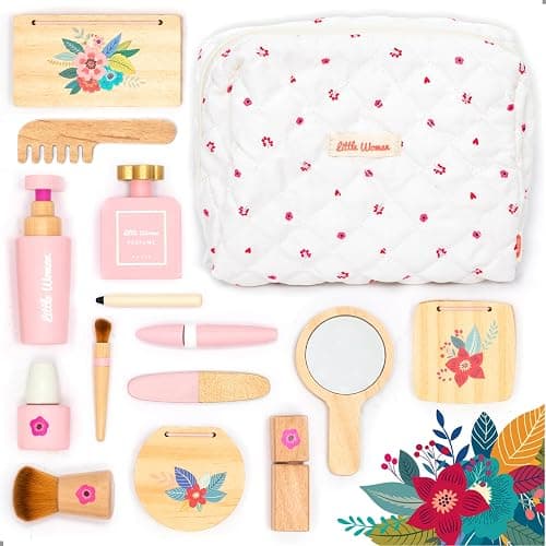 UMU® Wooden Pretend Makeup Kit for Toddlers – Realistic Toy Beauty Set for Girls with Lipstick, Mirror, Perfume, Powder & Cosmetic Bag – Play Makeup for Kids Ages 3 4 5 6 - Image 1