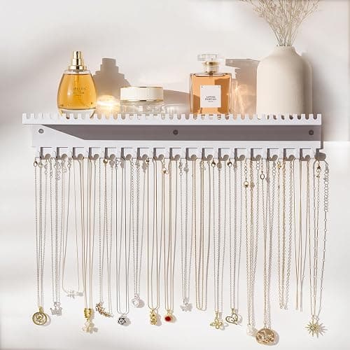 Josmimic Necklace Holder Wall Hanging Organizer: Wall Mounted Jewelry Shelf with 56 Hooks and Tray, Display Hanger for Kids, Girls and Women, White & Metal - Image 1