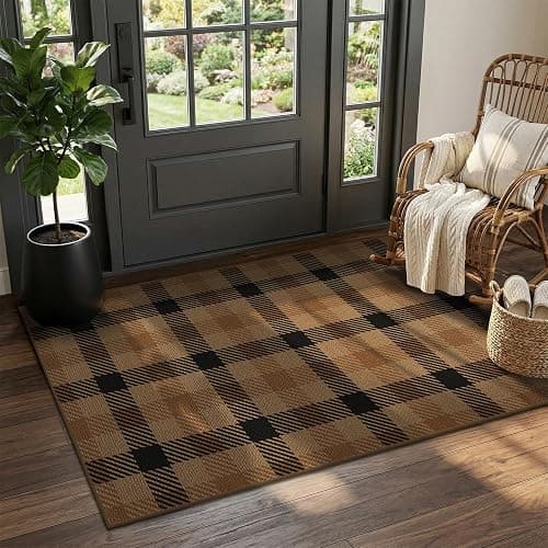 Easy Jute Brown Checkered 3x5 Entryway Rugs - Dark Plaid Rug Indoor Door Mats for Entrance, Front Porch, Outdoor Balcony, Kitchen Floor, Washable Non Slip Earthy Rustic Neutral Décor - Image 1