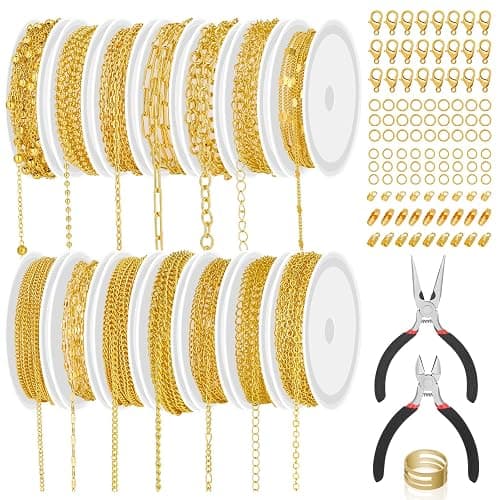 ROADPLUM 14 Roll Gold Chains for Jewelry Making - 102Ft Chains (Copper & Stainless Steel) with 2 Jewelry Pliers, 260+ Lobster Clasps, Jump Rings & Connectors - Complete DIY Chain Supplies for Crafter - Image 1