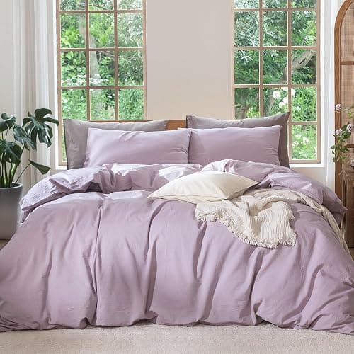 MooMee Bedding Duvet Cover Set 100% Washed Cotton Linen Like Textured Breathable Durable Soft Comfy (Heathered Light Purple, Twin 68"x90") - Image 1