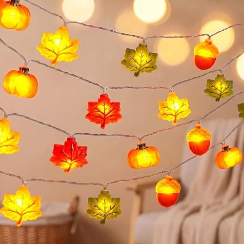 Yoitomehy Fall Lights Battery Operated, 3D Maple Leaves, Pumpkins & Acorns, Fall Decor, 10FT 20LED Thanksgiving Lights, 8 Flashing Mode, Autumn Decorations for Home Indoor - Image 1