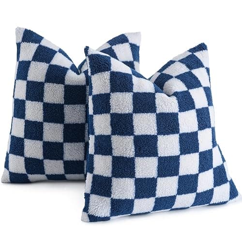 AmHoo Pack of 2 Decorative Throw Pillow Covers Checkerboard Luxury Super Soft Faux Fur Wool Set Case Cushion for Couch Sofa Bedroom 18 x 18-Inch Navy Blue - Image 1