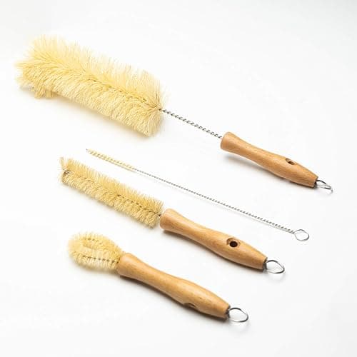 All Natural Bottle Brush and Straw Set (NO Plastic) Sisal Bristles and Wood Handle Bottle Cleaners for Washing Narrow Beer Bottles, Sports/Water Bottles, Tumbler, Kettles, Lid Brush, Long Straw Brush - Image 1