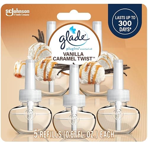Glade PlugIns Refills Air Freshener, Scented and Essential Oils for Home and Bathroom, Vanilla Caramel Twist, 3.35 Fl Oz, 5 Count - Image 1