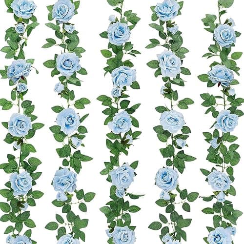 ZIFTY 5Pcs 32.5FT Blue Flower Garland Fake Flower Vines Faux Artificial Floral Garland Hanging Rose Ivy for Wedding Decortions Arch Garden Ceremony Background Outdoor Wall Decor - Image 1