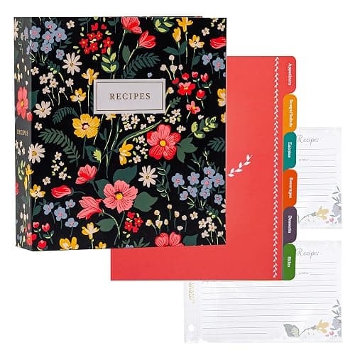 Jot & Mark 8.5" x 9.5" 3 Ring Recipe Binder with 50 Matching 4x6 inch Recipe Cards, 25 Top & Bottom Binder Sleeves Sheet Protector, 5 Full-Page Undivided Sleeves, 6 Sturdy Divider Tabs, Midnight Bloom - Image 1