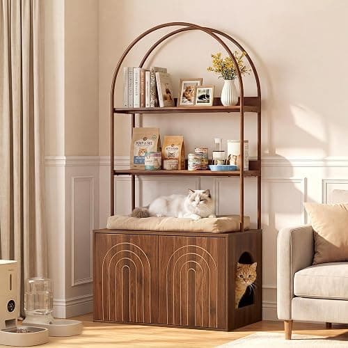 Arched Cat Litter Box Enclosure with 2-Tier Shelves, 63" Tall Hidden Litter Box Furniture with Reversible Entry, Wood Grain Metal Frame Large Cabinet Cat House Washroom with Hooks & Anti-Tipping Kit - Image 1