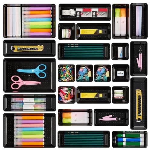 Vtopmart 25 PCS Office Desk Drawer Organizers Set, 4-Size Versatile Plastic Drawer Organizer Trays, Storage Bins for Desk Accessories Office Organizers and Storage, Bathroom, Makeup, Vanity, Black - Image 1