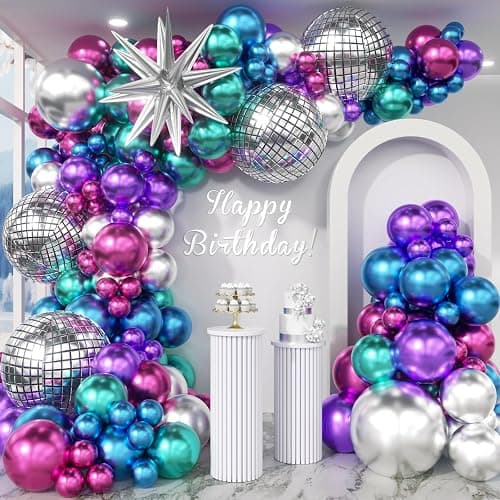 HKYOOD Disco Balloons Garland Arch Kit - 22 18 12 10 5 inch Metallic Purple Blue Hot Pink Green Silver Chrome Disco Balloon with for Birthday Sing Themed 70S 80S 90S Bachelorette Party Decorations - Image 1
