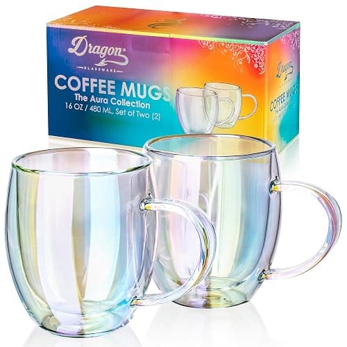Dragon Glassware Double Walled Glass Coffee Mugs - 16 oz, Set of 2 Glass Coffee Cups to Keep Beverages Hot or Cold Longer - Iridescent Double Walled Crystal Mugs - Image 1