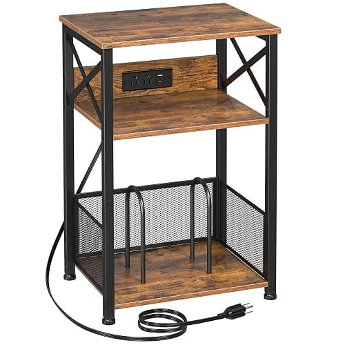 AMHANCIBLE Record Player Stand with Charging Station, Turntable Stand with Storage Cabinet, 3 Tier End Table Hold Up to 200 Albums, Record Stand for Vinyl, Living Room, Rustic Brown, HETCD01BR-1 - Brown - W 15.75" x D 11.41" - Image 1