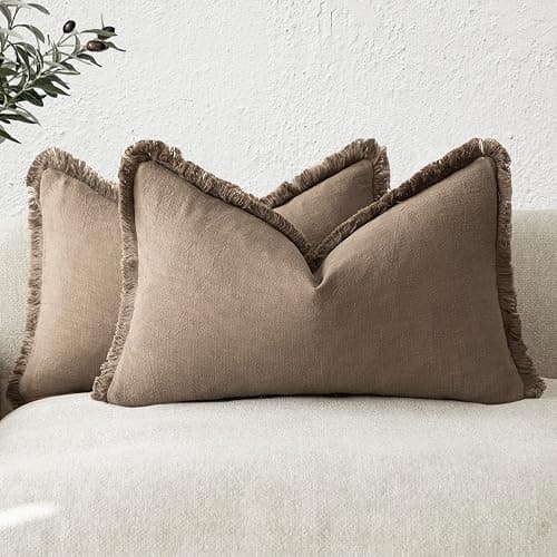 Foindtower Set of 2 Decorative Linen Fringe Lumbar Throw Pillow Covers Boho Farmhouse Cushion Cover with Tassels Soft Accent Pillowcase for Couch Sofa Bed Living Room Home Decor,12×20 Inch,Light Brown - Image 1