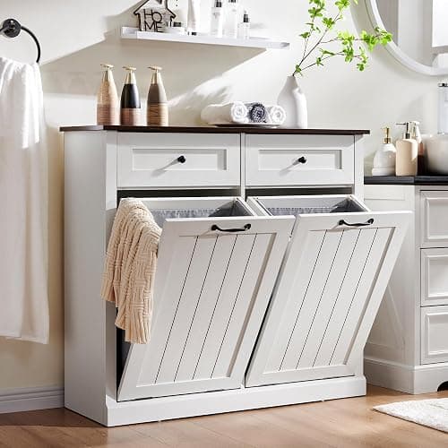IFBUY Double Tilt Out Laundry Hamper Cabinet, 20 Gallon Farmhouse Trash Can Cabinet with Drawer, Hidden Wood Garbage Can Bin Cabinet with Laundry Storage Basket for Bathroom, Kitchen (Antique White) - Full - Antique White - Image 1