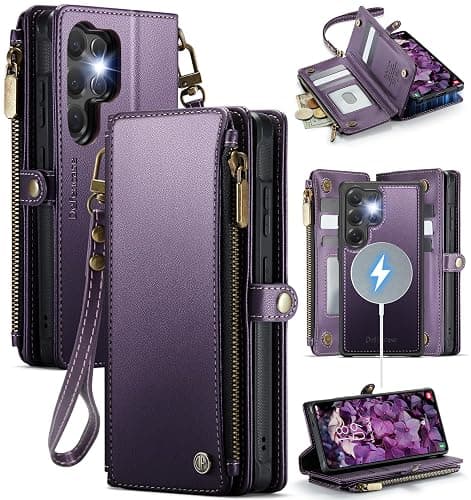 Defencase for Samsung Galaxy S25 Ultra Magnetic Wallet Case Compatible with Magsafe with RFID Blocking Zipper & Card Holder Women, PU Leather Detachable Phone Case for Galaxy S25 Ultra 6.9", Purple - Image 1