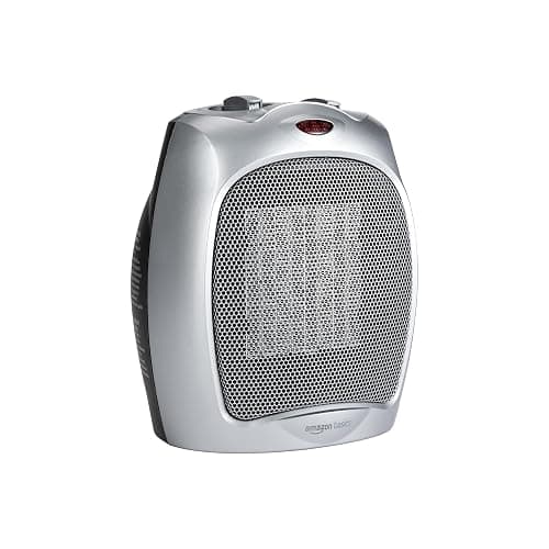 Amazon Basics Ceramic Space Heater, Portable Indoor Heating Solution, With Overheat and Tip-Over Protection, Thermostat, Non-Oscillating, 1500W, 7.52"D x 6.34"W x 9.45"H, Silver - Image 1