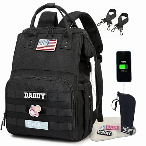 QWREOIA Diaper Bag Backpack for Dad and Mom with USB Charging Port Stroller Straps and Insulated Pocket,army military Travel Nappy Backpack for Daddy/Mommy (Black) - Image 1