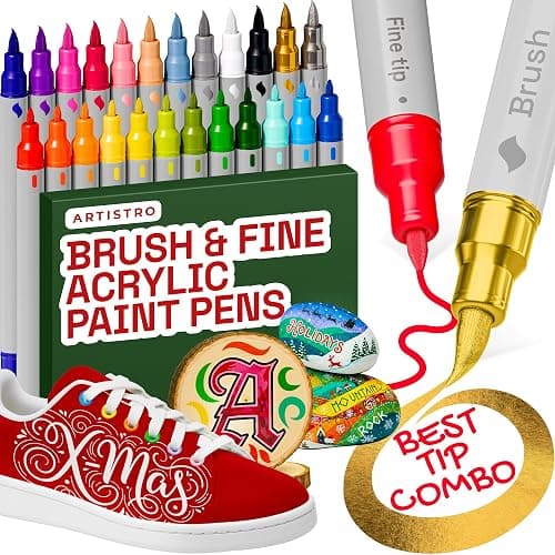 ARTISTRO 24 Acrylic Paint Markers - Paint Pens Dual Tip Brush + Fine Ideal for Calligraphy - Perfect for Fabric, Rock, Glass, Wood, DIY - Art Supplies, Stocking Stuffers, Christmas Gift Idea - Image 1