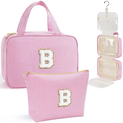YOOLIFE Hanging Toiletry Bag for Women - Portable Makeup and Travel Bag, Cruise Ship Essentials - Letter B, Pink - Image 1